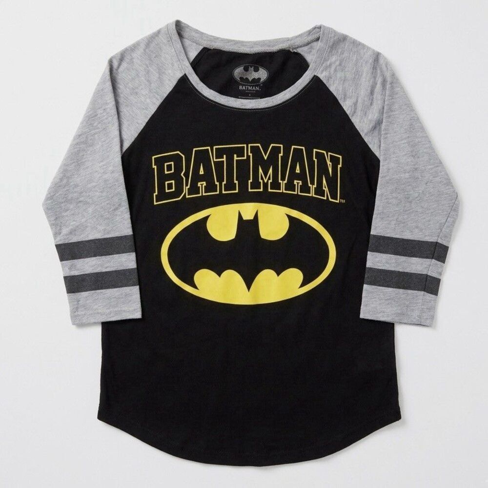 Batman DC Comics Raglan T-Shirt Women Small Black Gray 3/4 Sleeve Graphic Tee